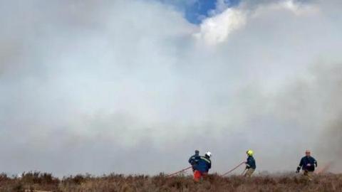 The backs of four figures wearing blue protective jackets and helmets can be seen. They are standing in brown, parched looking grass as smoke can be seen the other side of them.
