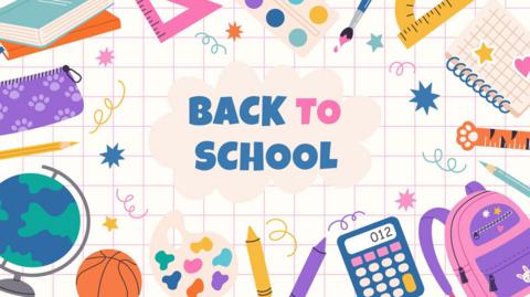Back to school illustration with drawings of bags, ruler, pencil case, basketball. 