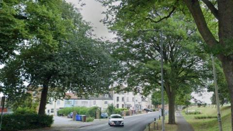 Hook Road in Goole, a wide tree-lined street with houses to the left of the photo and a grassy riverbank to the right.