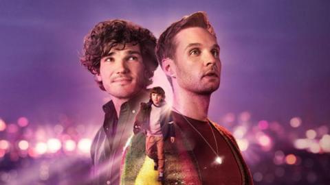 A composite graphic of Andy and Gabriel standing in front of bright city lights. A small boy is between the two. 