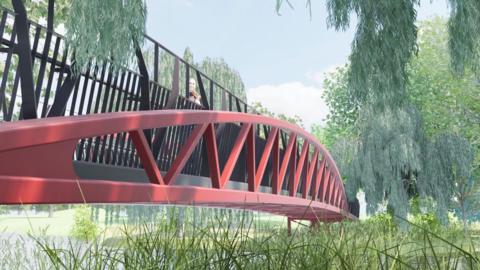 A computer generated image of a red bridge on a sunny day.