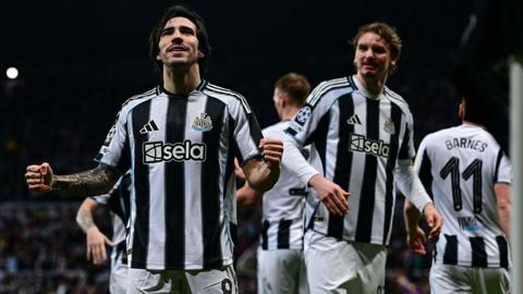Sandro Tonali celebrates after scoring for Newcastle United against Qarabag at St James' Park on 24 February, 2026
