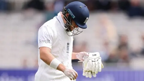 England opener Ben Duckett bows his head as he walks off after being dismissed