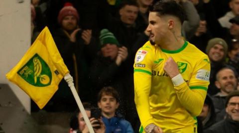 Borja Sainz celebrates scoring for Norwich