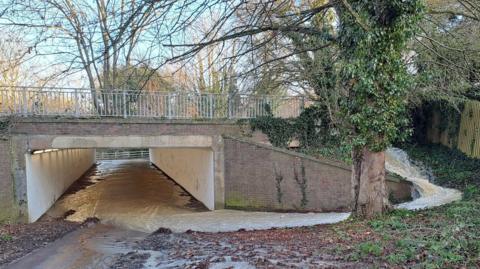 Brown water heading down from a road past green vegetation and into a concrete underpass with white painted walls. The underpass is flooded. A wooden fence can be seen in the distance.