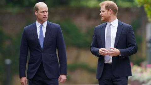 The Prince of Wales looks towards the Duke of Sussex. Both are wearing blue suits and ties.
