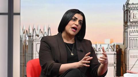 Shabana Mahmood in the Sunday with Laura Kuenssberg studio. She is wearing a black top and brown suit,
