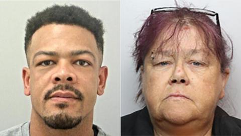 Police custody images of Bradley Couzins (left) with dark brown hair and beard wearing a grey t-shirt with his mother Amanda Meadowcroft (right) with plum coloured hair wearing black rimmed glasses on her head and a black top. She has an eyebrow ring.