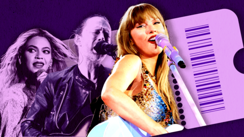 Edited image showing Beyonce, Thom Yorke of Radiohead and Taylor swift performing. Behind them is a ticket stub which has been overlayed with purple colour 