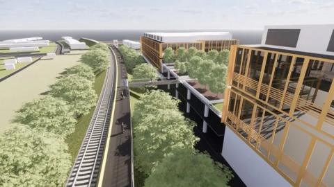 A computer generated image of what the new Littlemore train station could look like. A long thin platform is seen on the right of the railway line, with a large modern science building on the right hand side. 
