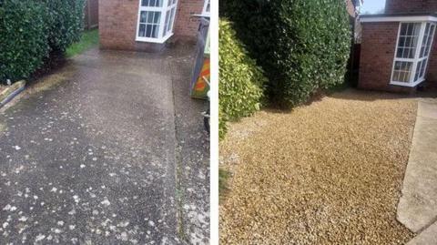 Before and after pictures of a concrete and pebbled drive