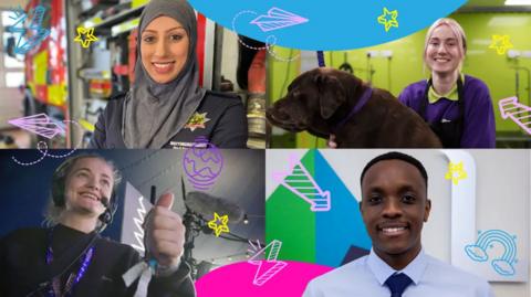 A collage showing four people in different workplaces, including emergency services, animal care, media production and an office. Bright graphic doodles and shapes are layered over the images to give a lively, upbeat feel.