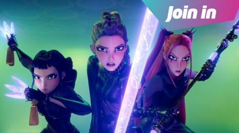 The three female animated stars from the pop group Huntr/x of KPop Demon Hunters