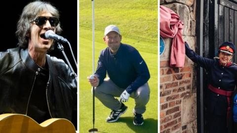 Three images side by side - Richard is on stage with his arms open wide  + a man on a golf course, he is crouched down next to a hole + a plaque is being unveiled by a woman in a uniform