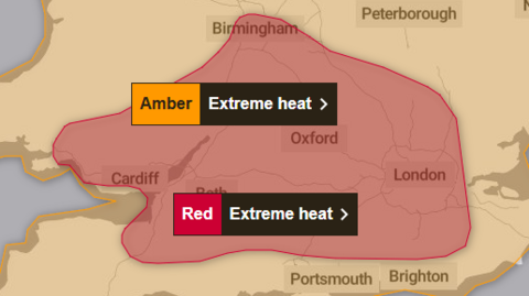 A map of the UK where a red section fills the map to detail where extreme weather will be felt during a particular time. There is a orange section to detail a slightly lesser weather warning.