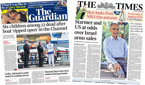 The headline in the Guardian reads, "Six children among 12 dead after boat 'ripped open' in the Channel", while the Times reads, "Starmer and US at odds over Israel arms sales". 