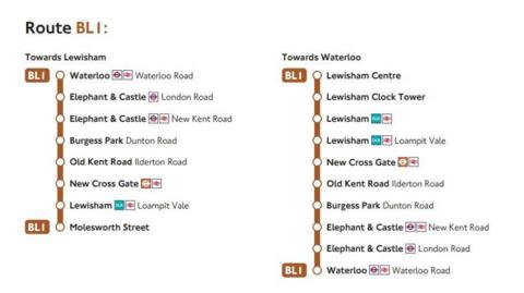 This image shows the new route BL1 map with the the bus towards lewisham and the bus towards waterloo, showing the areas that the new service covers. The map is brown with black writing. 