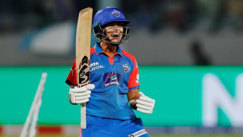 Arundhati Reddy of Delhi Capitals celebrates their win over Mumbai Indians in the Women's Premier League