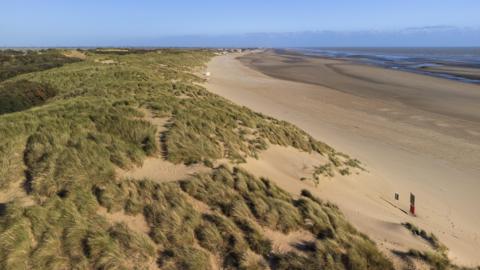 Aerial shot of sand dunes at Camber Sands