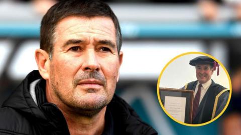 Graphic of Nigel Clough, with image of him working as a manger and picking up his honorary doctorate from Nottingham Trent University