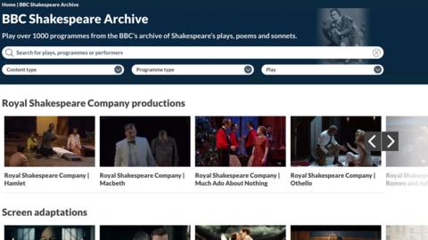 A screenshot from the ˿'s Shakespeare archive - it shows images from RSC plays and TV adaptations.