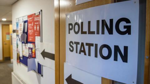 Sign showing the way into a polling station