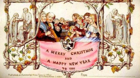 A painted image showing a family in the middle surrounded by a wooden frame with vines growing on it. All the family have wine glasses in their hands and one child is drinking from their. Either side there are depictions of people being given food and clothes and in the middle are the words "A merry Christmas and a Happy New Year to you".