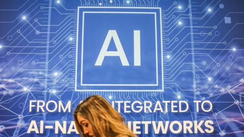 An AI banner at the Mavenir pavilion at MWC Barcelona 2026 in Barcelona, Spain, on Tuesday, March 3, 2026.