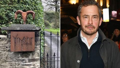 A split image of Ynyshir entrance and food critic Giles Coren.