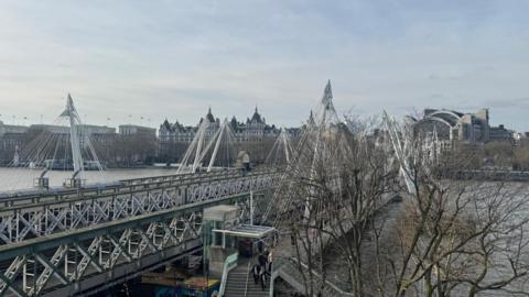 A landscape shot of the Victorian-style bridge over the River Thames, with a number of outward leaning pylons along each side. There is a pedestrian bridge beneath it.  Charing Cross is in the background, and tree branches are in the foreground of the picture.  