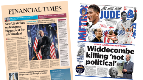 A composite image of the Financial Times and the Metro. "Burnham weighing bumper autumn Budget to set out strategic priorities" reads a headline on the former and "Widdecombe killing not political" reads the headline on the latter.