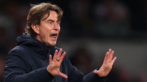 Tottenham Hotspur head coach Thomas Frank gestures during the Premier League game against West Ham United on 17 January 2026