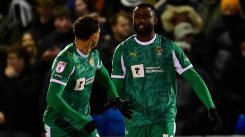 Matthew Dennis celebrates scoring the winner for Notts County at Bristol Rovers