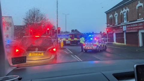 Image of emergency services at crash in Humberstone Road