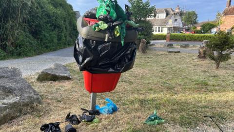 Image shows a red dog waste bin, on a post on a green area next to a footpath. It is overflowing with full bags on top and on the ground. 