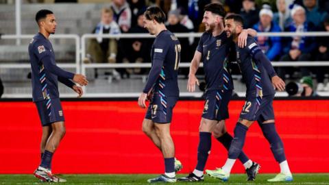 Trent Alexander-Arnold, Jack Grealish, Declan Rice and Kyle Walker celebrate a goal for England