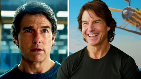 Composite image showing Tom Cruise looking surprised, and Tom Cruise smiling