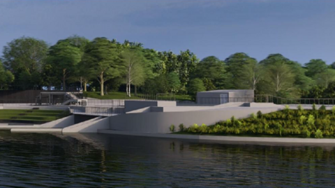 Artist's impression of a white water course showing a building structure on the edge of a lake and trees behind.