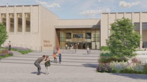 A computer generated image of a school. The image includes a tree in front of it with school children walking in.