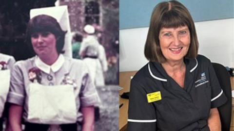 A composite image of a nurse, who was wearing a uniform in the 1980s and the present.