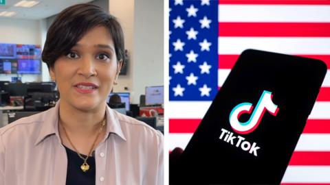 Split screen of BBC Correspondent Suranjana Tewari standing in an office and a graphic of the TikTok app in front of the US flag