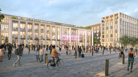 Rectangular building with lots of windows with wide open space infront with people walking on it - artist impression