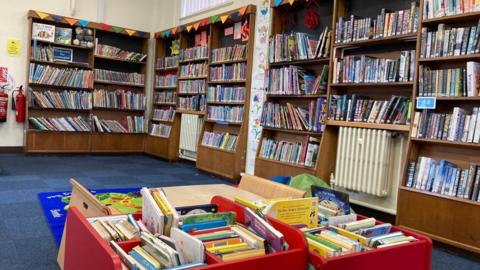 Inside the library with book shelves