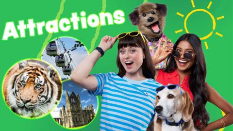 Blue Peter presenters wearing sunglasses, pop ups of some of the Blue Peter attractions are in bubbles next to them.