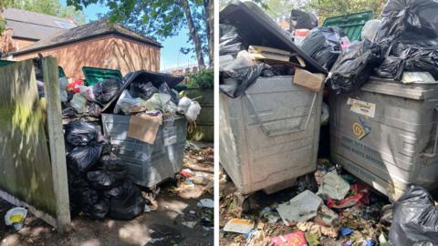 Images of overflowing bins, piled high with black bags of rubbish and waste surrounding them on the floor.