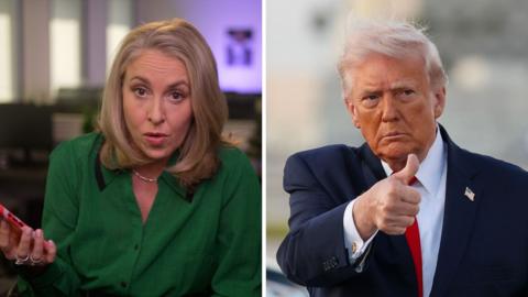A split screen with Sarah Smith on the left and Donald Trump on the right.
