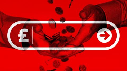 A composite image showing a close-up of a pair of hands held together and turned upwards, with coins falling down on them, and spilling towards the ground. The image is overlaid with a white online search box with a pound sign and a search button. The rest of the image is coloured in bright red.