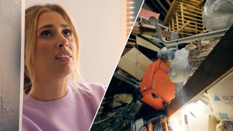 Left: Stacey Soloman looking up. She looks worried, anticipating something awful. Right: An overflowing loft, full of objects that don't seem arranged at all, just thrown into place