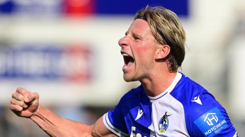 Bristol Rovers captain Alfie Kilgour celebrating their first win in League Two