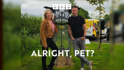 Presenter Anne-Marie Wallace and Specialist Vet Rob Adams at Kinedale Sanctuary, with the words "Alright, Pet?".